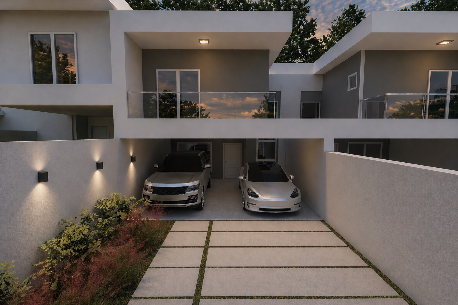 Acesso e garagem coberta com iluminação embutida