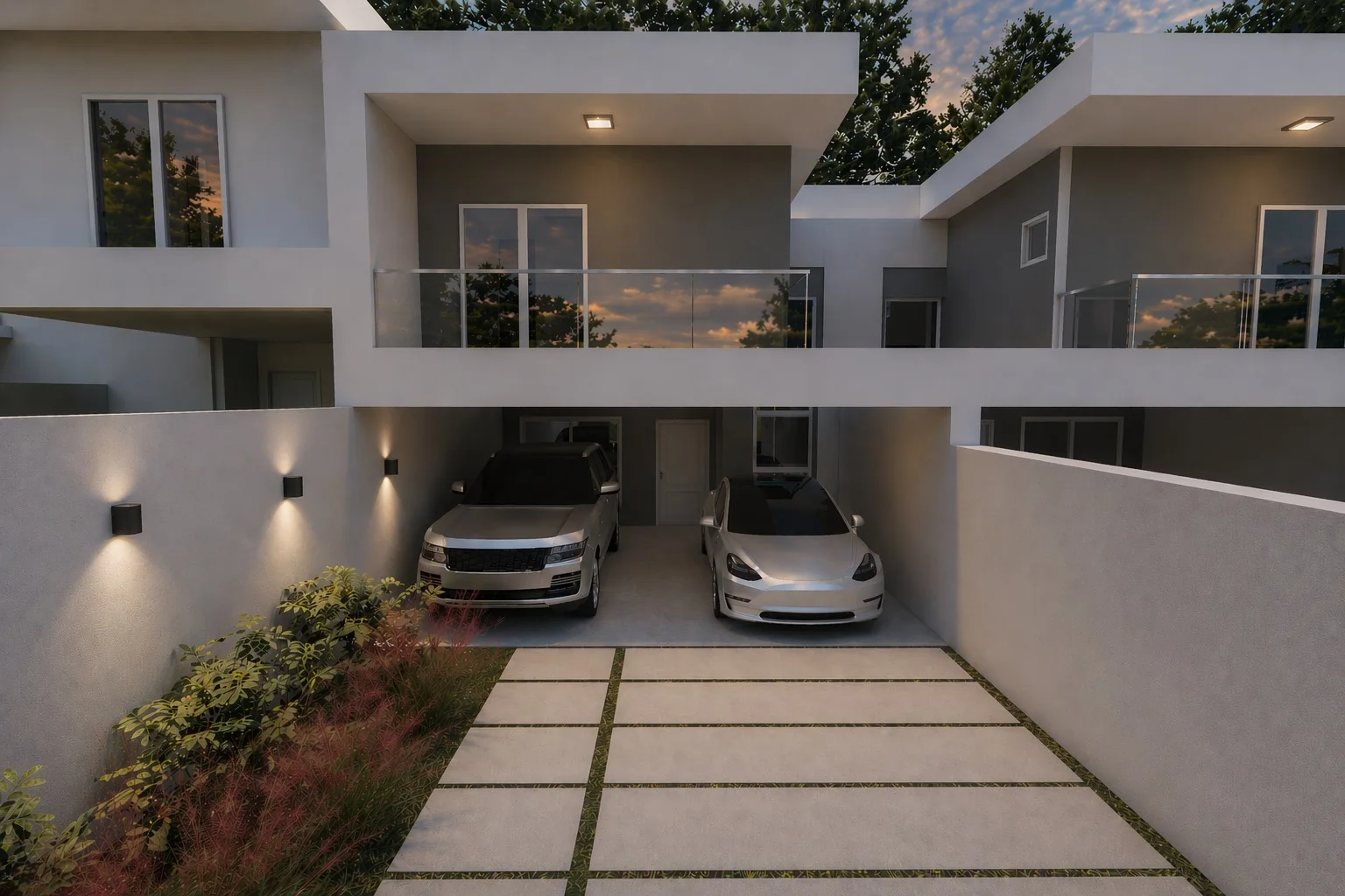 Acesso e garagem coberta com iluminação embutida