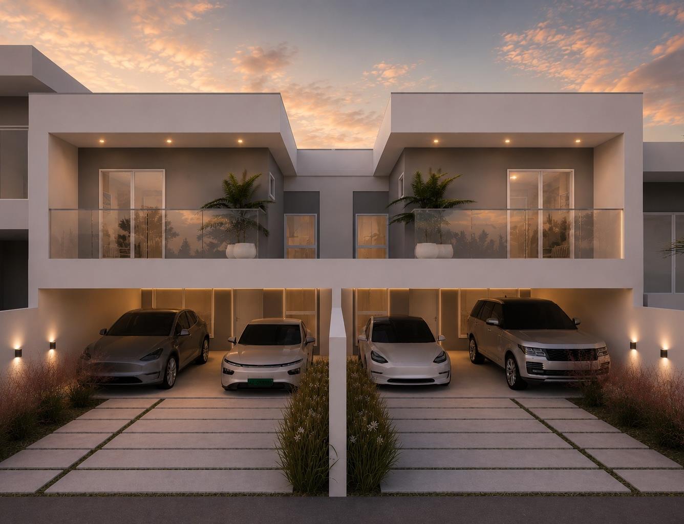 Fachada do Domus House ao anoitecer